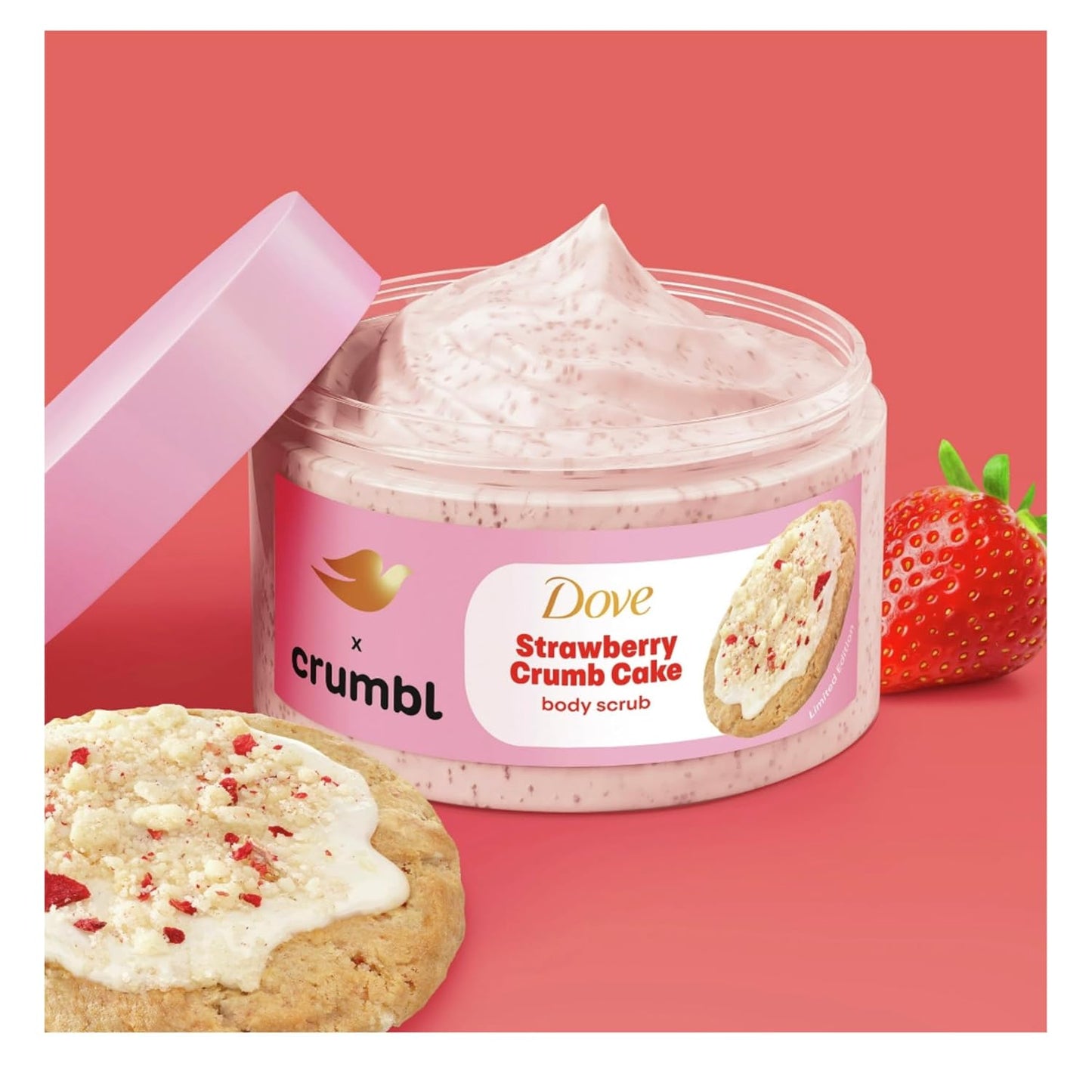 Dove Moisturizing Strawberry Crumb Cake Body Wash & Scrub Combo, 20oz Wash + 15oz Scrub, Limited Edition, Paraben & Sulfate Free, For Body, Improves Skin Texture, Moisturizes